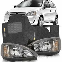 Combo-Corsa-Joy-Maxx-Hatch-Sedan-2008-2009-2010-2011-2012-Par-Farol-Mascara-Negra---Tapete-Grafite-Preto-Logo-Bordado-2-Lados-Dianteiro