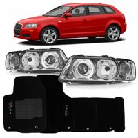 Combo-A3-2001-A-2006-Par-Farol-Mascara-Cromada---Tapete-Carpete-Preto-Logo-Bordado-2-Lados-Dian
