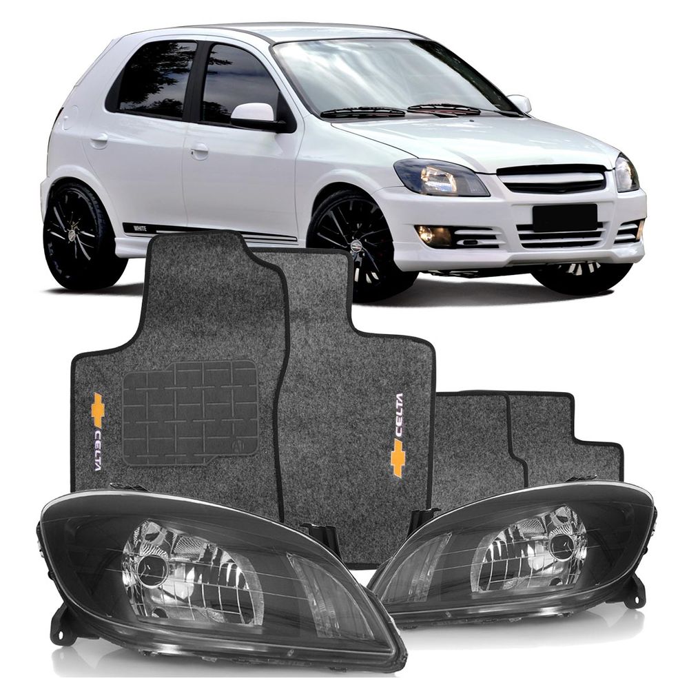 Combo Celta 2007 A 2015 Par Farol Máscara Negra + Tapete Carpete