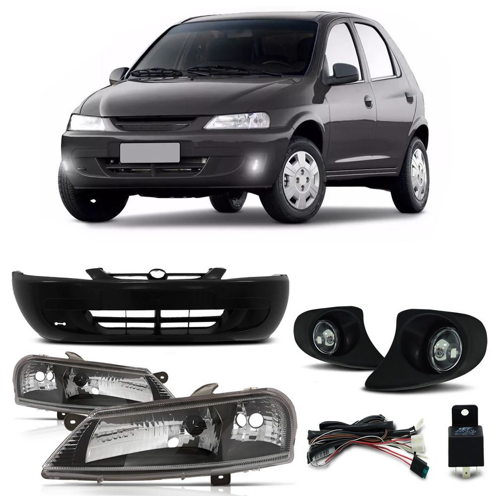 Kit Celta 1999 A 2006 Parachoque Dianteiro + Par Farol Máscara Negra